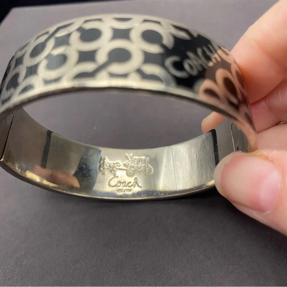 Coach Silver-Tone Black Logo Hinged Bangle Bracelet
